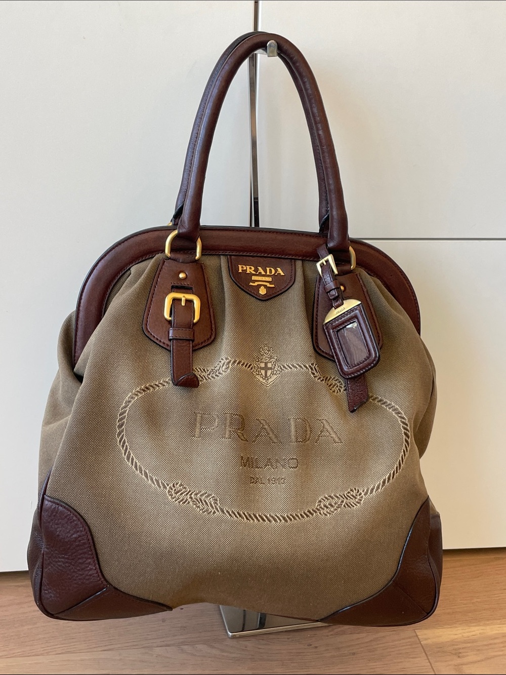 Prada Large Canapa Canvas Tote Brown Vitello Leather Trim Gold Hardware Italy